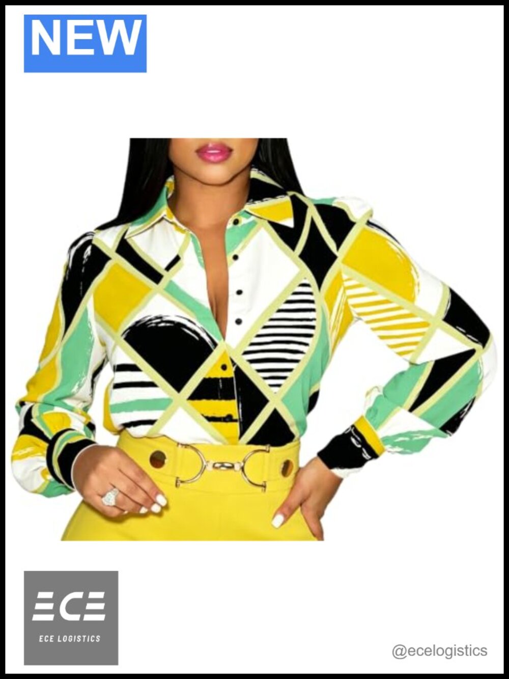 Women's Long Sleeve Button Down Blouse Polyester Spandex Geometric Print